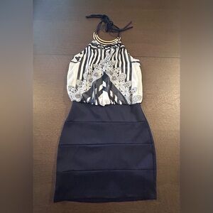 Alt. B Women Navy and White Halter Mini Dress Gold Tone Neckline Size Small